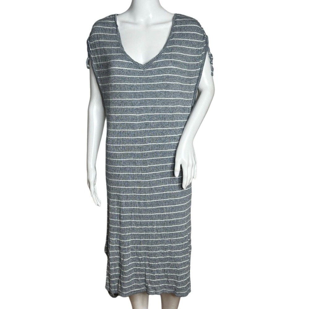 Anthropologie Saturday Sunday Dress Womens Medium Grey White Stripe Midi Casual